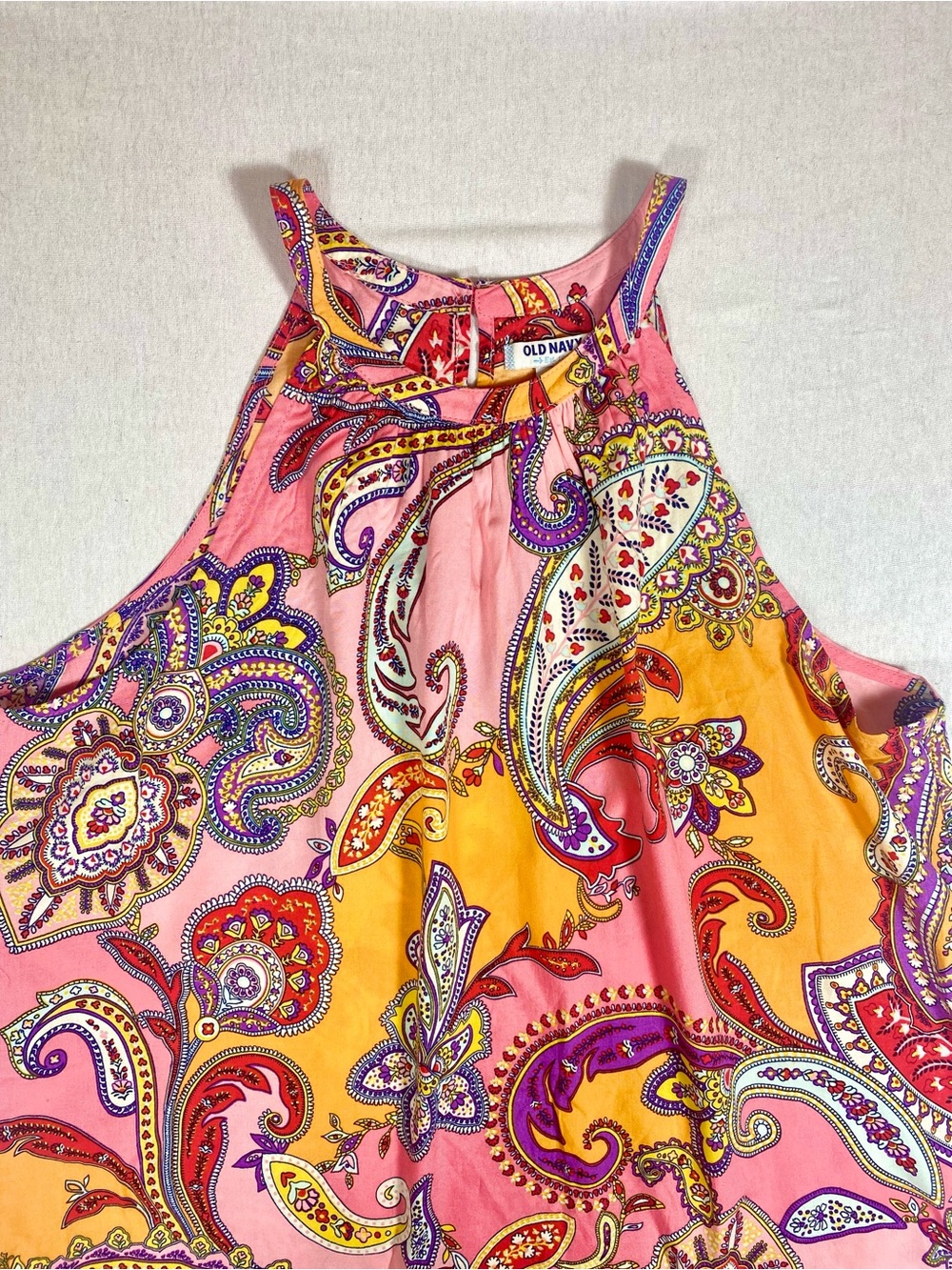 Old Navy A-Line Dress Pink Orange Purple Paisley Knee High Neck Sleeveless L - Picture 4 of 8